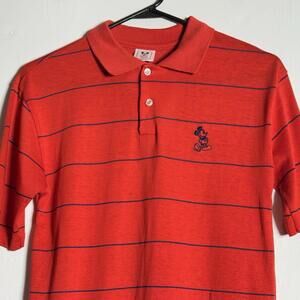 VINTAGE Disney Wear Shirt Mens Red Blue Striped Large Mickey Logo Single Stiched